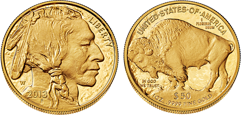 American Gold Buffalo: Obverse: Native American, Reverse: American Bision (US Mint).