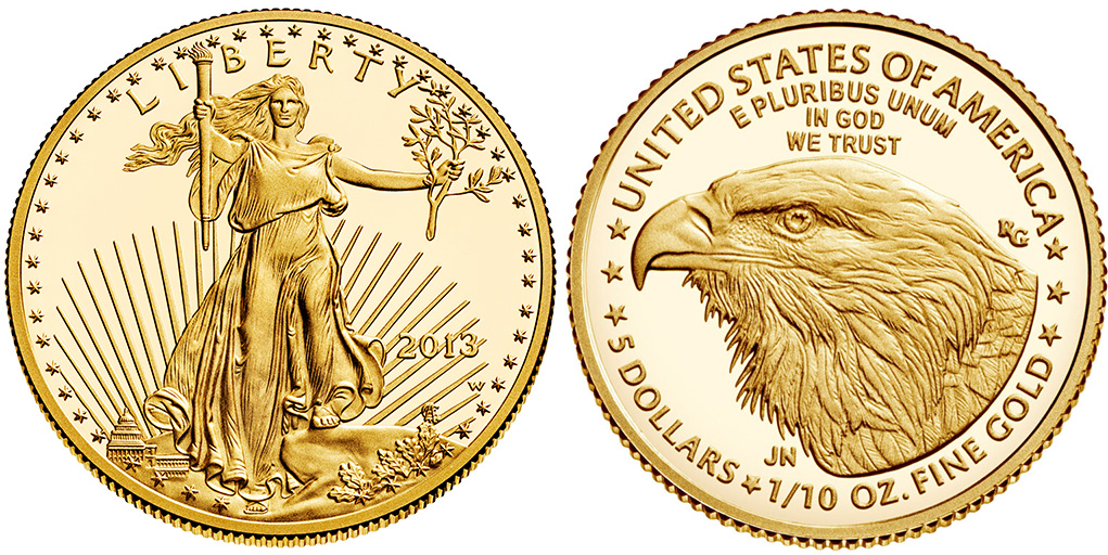 American Gold Eagle: Front and back (Obverse and Reverse): obverse side Lady Liberty and reverse side the new design (2021) of a side portrait of a bald eagle (US Mint).