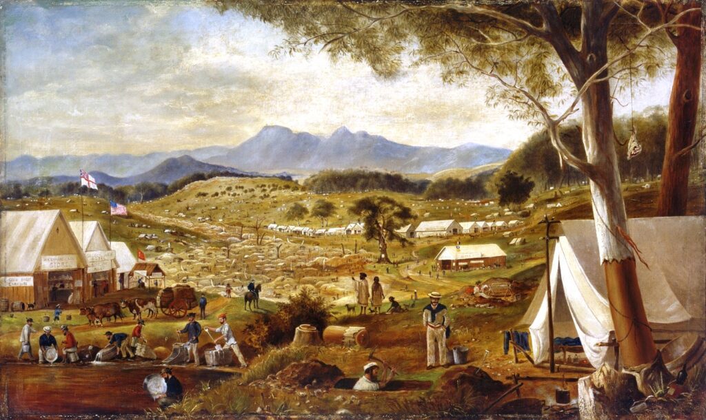 Painting of Camp of gold diggers in Australia 1854.