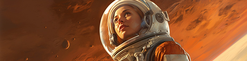 Is there gold on Mars? Beautiful Woman in Spacesuit exploring Mars and prospecting for Gold.