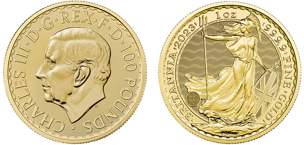 Britannia Gold Coin. Obverse since 2023 with the new British monarch, Queen Charles III. The Reverse shows Britannia  with a helmet, shield and trident (Royal Mint).
