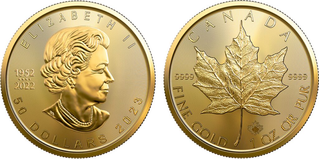 Canadian Gold Maple Leaf: Obverse with Queen Elizabeth II and reverse with a sugar maple leaf, the national emblem of Canada (Royal Canadian Mint).