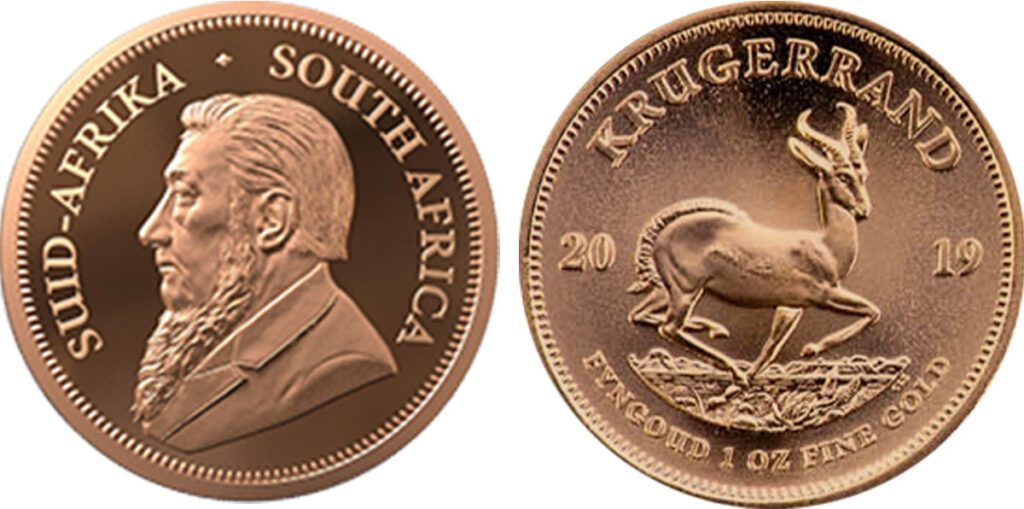 Krugerrand: Paul Kruger on the obverse, a springbok antelope on the reverse (SA Mint).