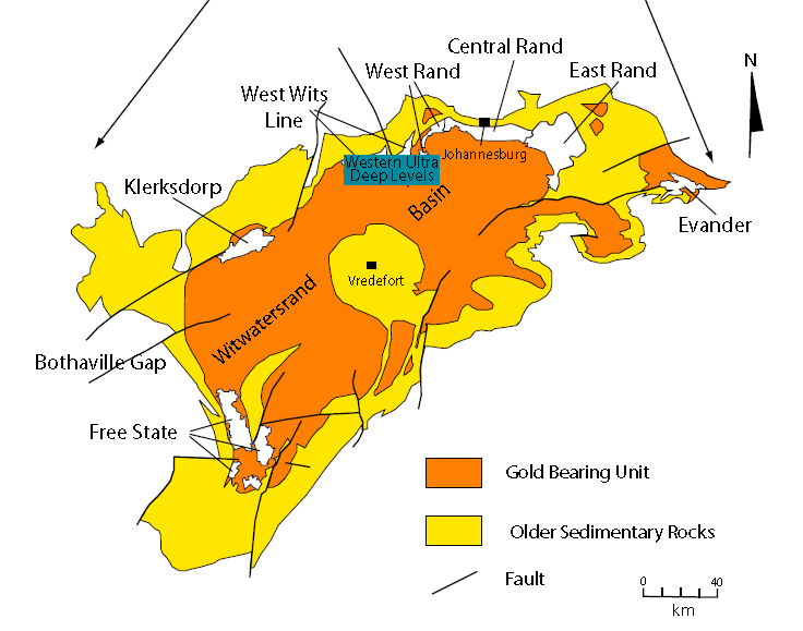 Map of Witwatersrand and location of gold deposits.