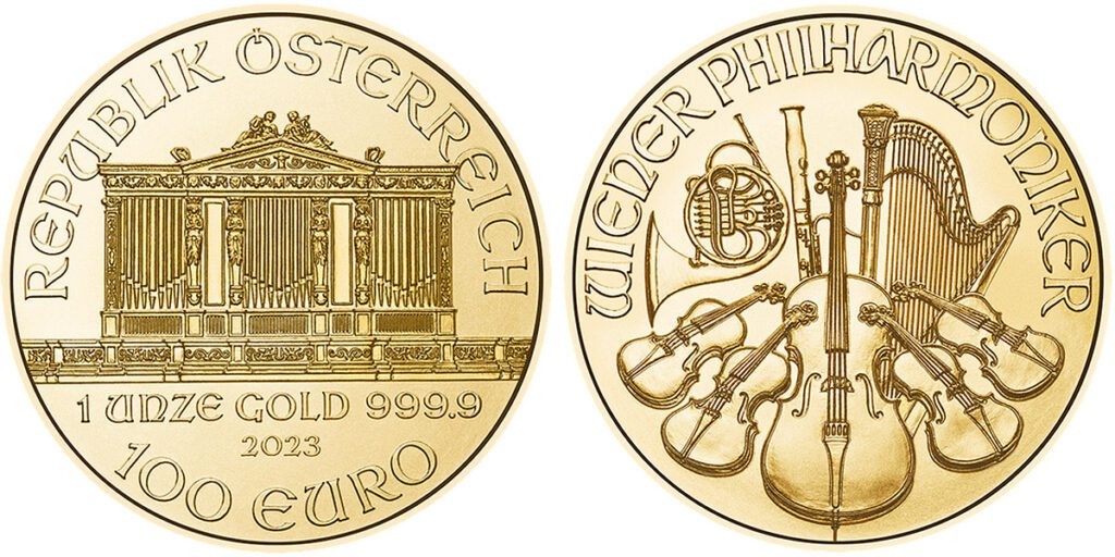Vienna Philharmonic Gold Coin: Obverse with the pipe organ of Vienna’s Musikverein and reverse with a range of classical instruments of a symphony orchestra: chello, violins, horn, Vienna horn, bassoon and harp (Royal Canadian Mint).
