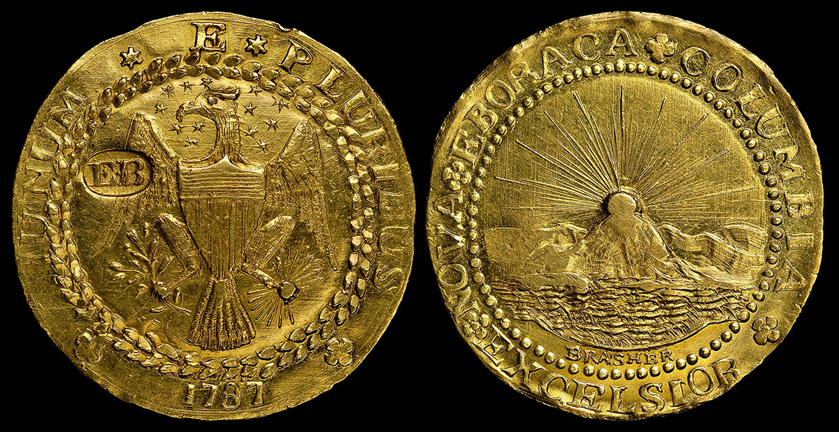 The Brasher Doubloon, the first gold coin minted in the United States in 1787 by Ephraim Brasher.