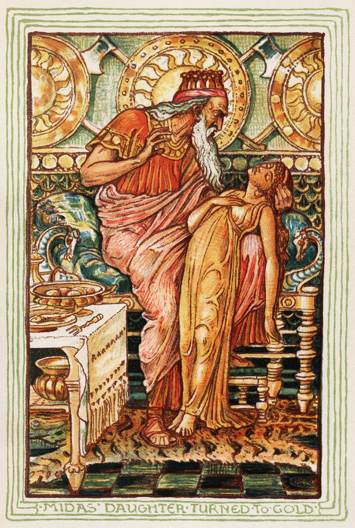 King Midas touch turns anything into gold. In this illustration even his daughter. Illustration by Walter Crane (1893).