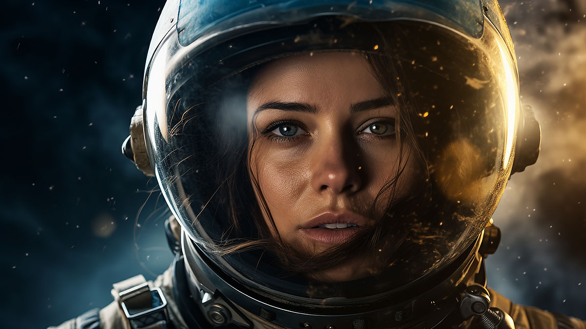Beautiful female astronaut protected by a space suit with a golden visor.