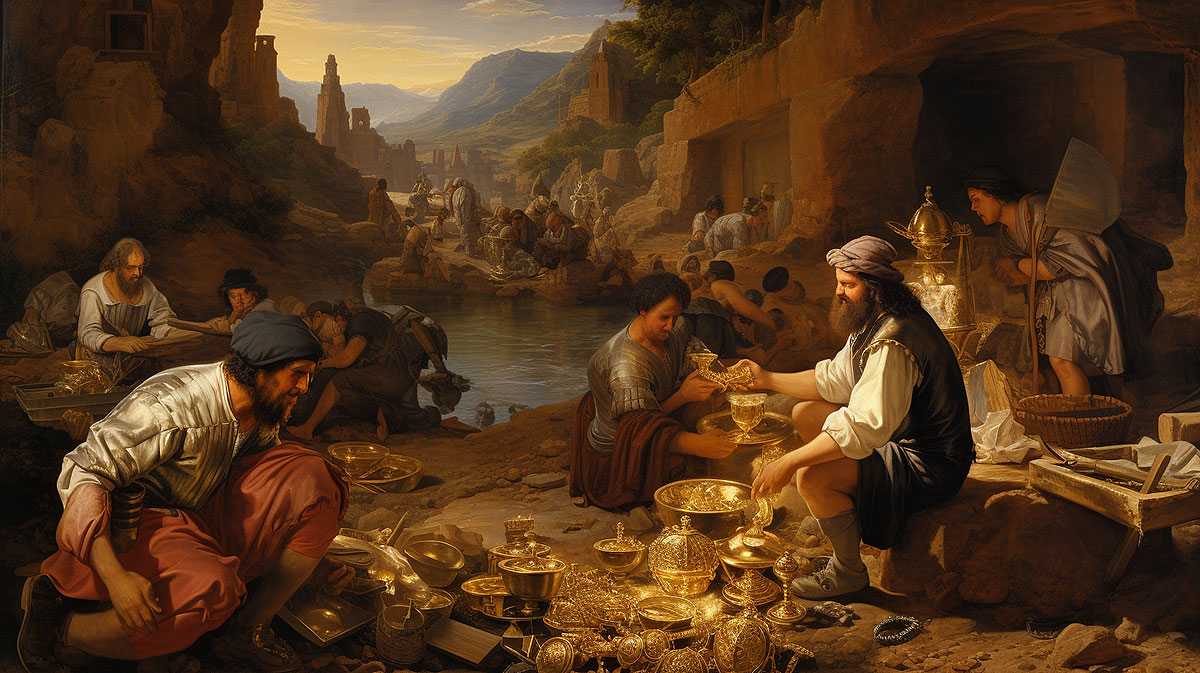 Discovery of gold treasures, style of 17th century painting.