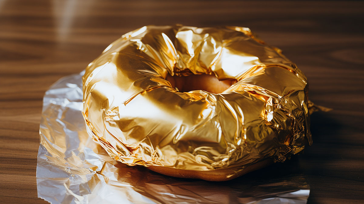 Donut wrapped in edible gold foil.