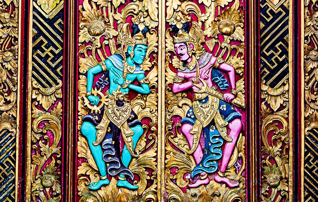 Door carving at Hindu balinese temple door, gold color