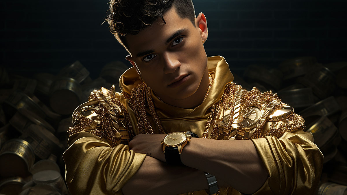 Flexing with gold jewelry and watches.