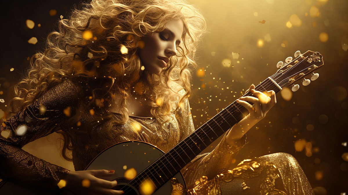 Gold in songs. gold in culture, woman playing the guitar.