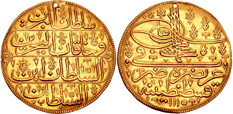 Gold coin of the Ottoman Empire: Sultani from Ahmed III, 1703.