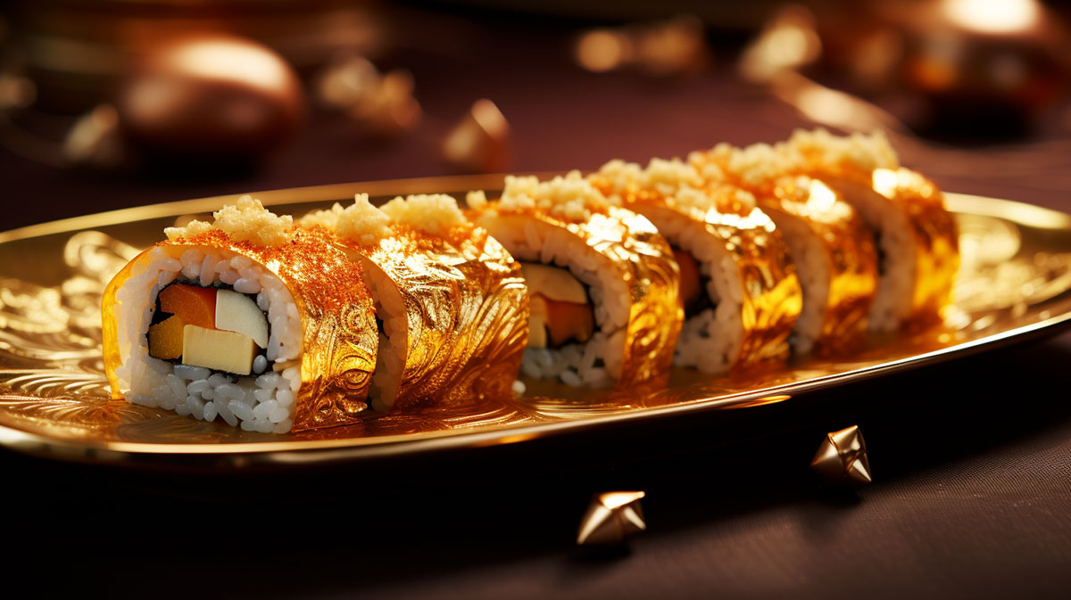 Gold sushi: sushi wrapped in gold foil.