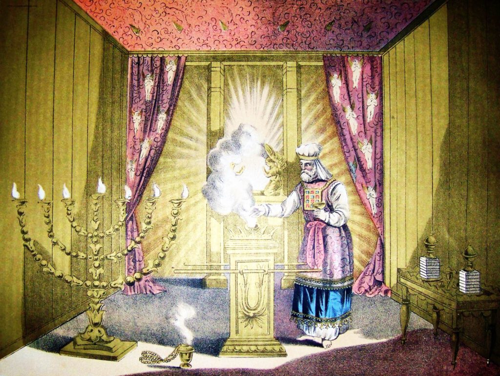 Holy of the Holies, Hebrew priest in tabernacle with golden menorah and wearing a hoshen (Holman Bible 1890).