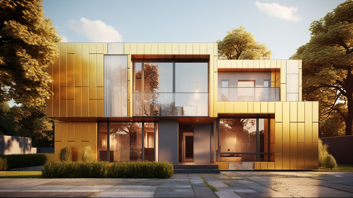 Modern house with a golden facade.