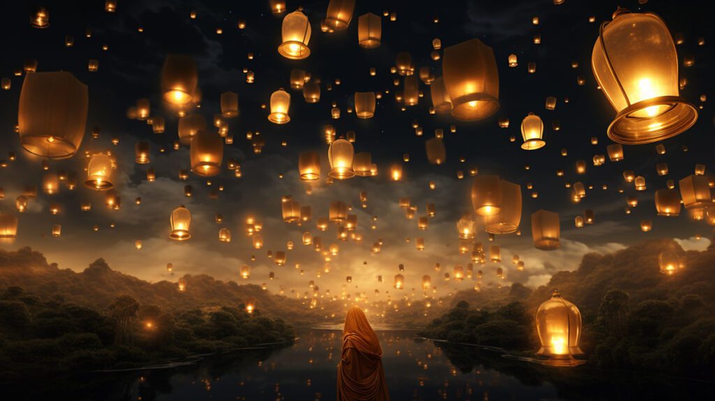 Vesak festival with golden lanterns flying in the wind.
