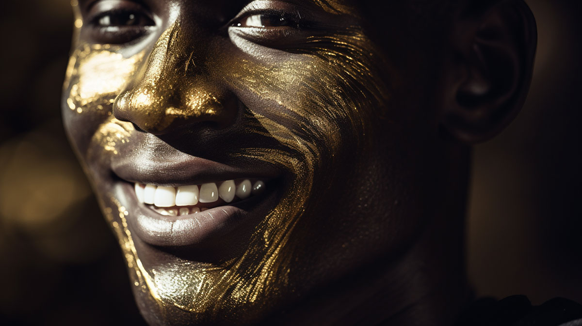 Smiling African Man with gold on his face.