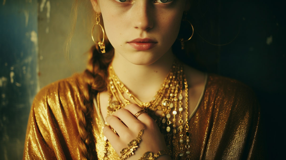 Norwegian woman wearing gold jewelry