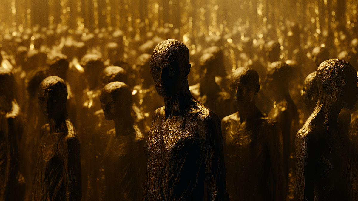 thousands of golden people, dystopian image