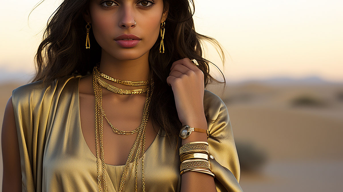An Emirati lady from Dubai wearing gold jewelry and pondering the gold price in the United Arab Emirates