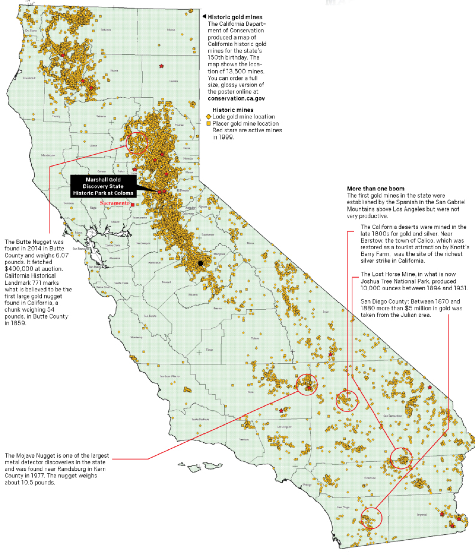 Locations of 13,500 historic gold mines (California Department of Conservation).