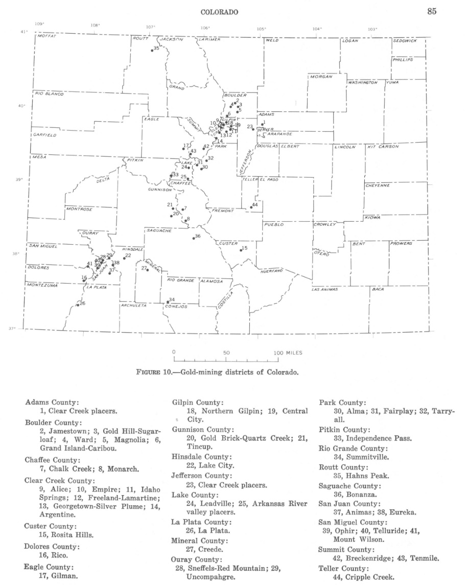 Principal gold mining districts of Colorado in 1965 (Gold producing districts of the United States, Geological Survey Professional Paper 610).