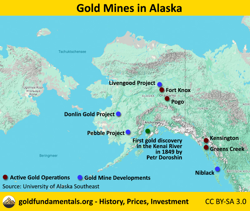 Map of gold mines and gold projects in Alaska.