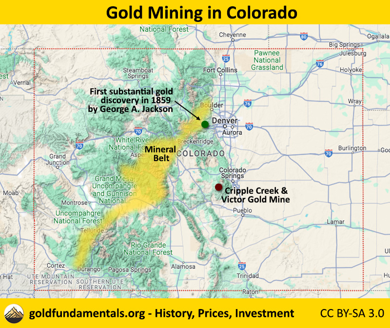 Map of Colorado, with last major gold mine, place of first gold discovery and the Mineral Belt.