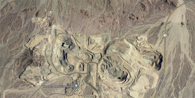 Satellite view mesquite open pit mine in caliornia
