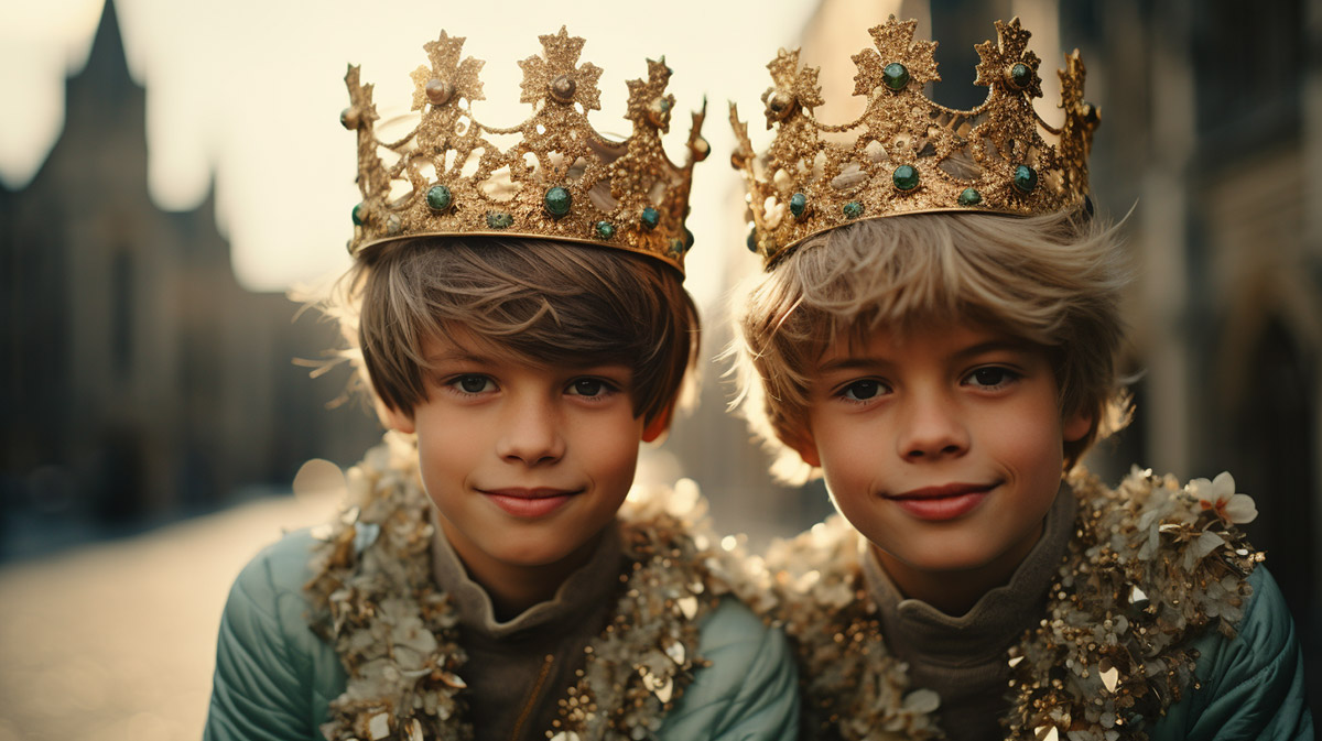 Belgium twin boys wearing a gold crown, thinking about the gold price in Belgium.
