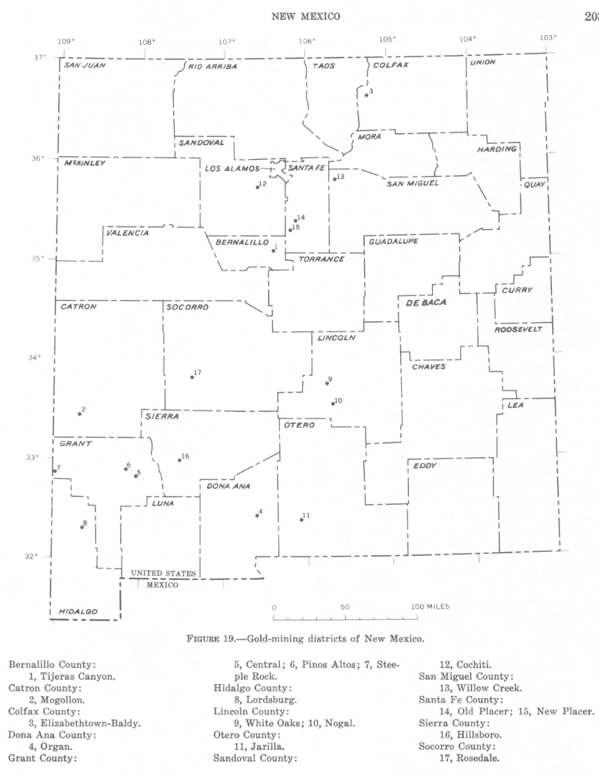 Map of gold mining districts of New Mexico in 1965.
