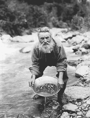 Bearded guy panning for gold in a nice cold river.