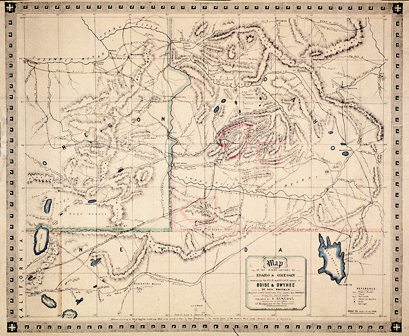 Map of gold and silver mining in Idaho in 1864 (Georg Woodman).