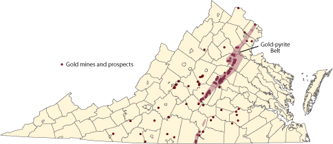 Map of Gold Mines, Prospects (historical) and the gold pyrite belt in Virginia (Virginia Department of Energy).