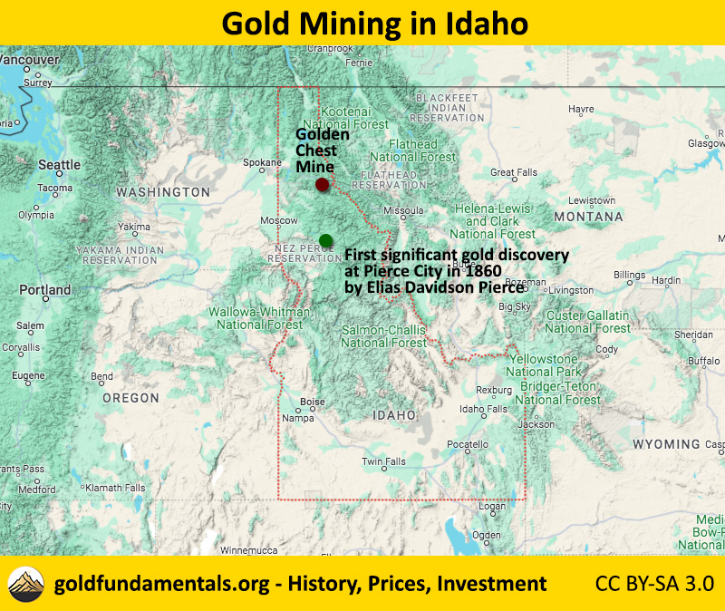 Map of gold mining in Idaho: location of first gold discovery at Pierce City in 1860 by Elias Davidson Pierce and the only active gold mine in the state, the Golden Chest Mine.