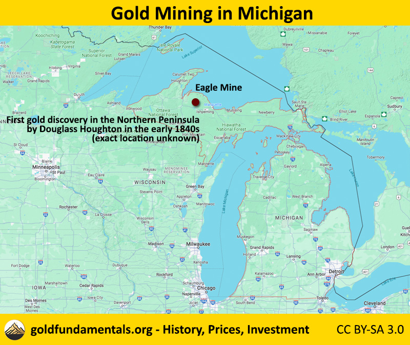 Map of gold mining in Michigan: first gold discovery by Douglass Houghton and the gold producing Eagle Mine.