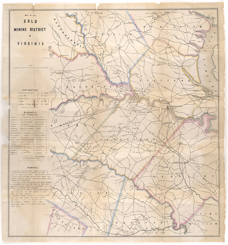 map of historical gold mining districts of Virginia from 1849 (Library of Virginia).