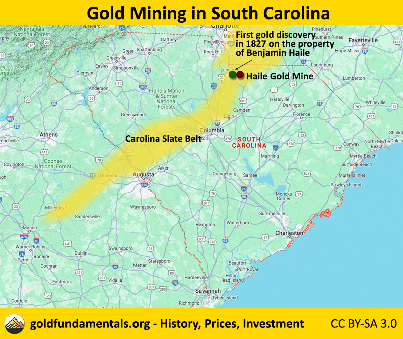 Map of gold mining in South Carolina: location of first gold discovery, the Haile mine, the only remaining gold mine in the state and the Carolina Slate Belt which contains most gold deposits.