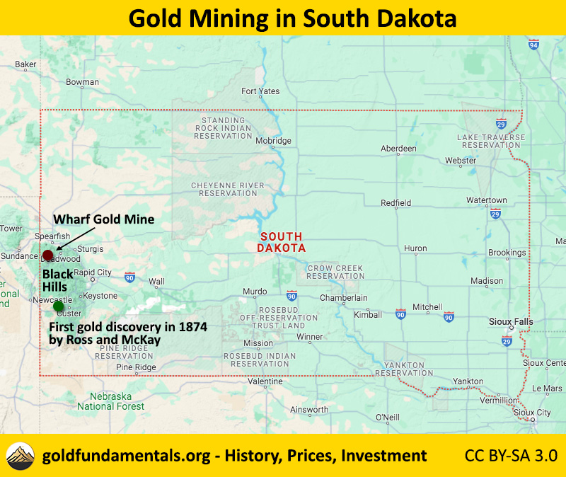 Map of gold mines in South Dakota.