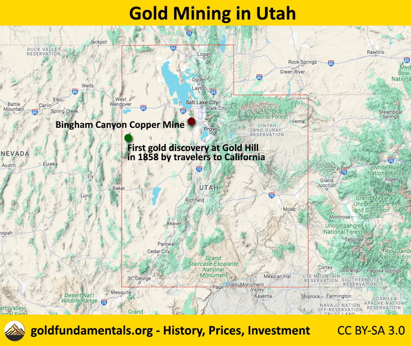 Map of gold mining in Utah: location of first gold discovery at Gold Hill in 1858 by travelers to California, the Bingham Canyon Copper Mine that produces gold as a byproduct.