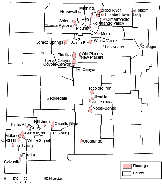 Map of placer gold deposits in New Mexico (New Mexico Bureau of Geology and Mineral Resources).