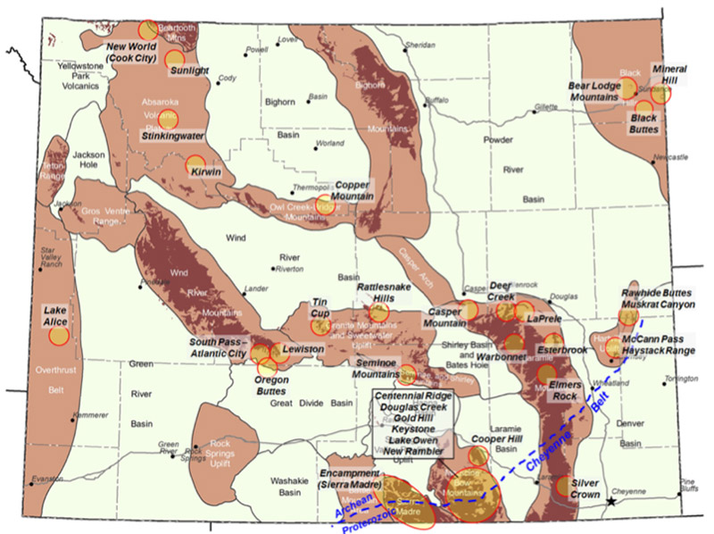 Principal metal districts of Wyoming. Historic gold mining areas are in the South Pass-Atlantic City district, Lewiston, Centennial Ridge, Douglas Creek, Gold Hill, Keystone, and New Rambler (all in the Medicine Bow Mountains), Seminoe Mountains; Copper Mountain in the Owl Creek Mountains; and Mineral Hill in the Black Hills. 