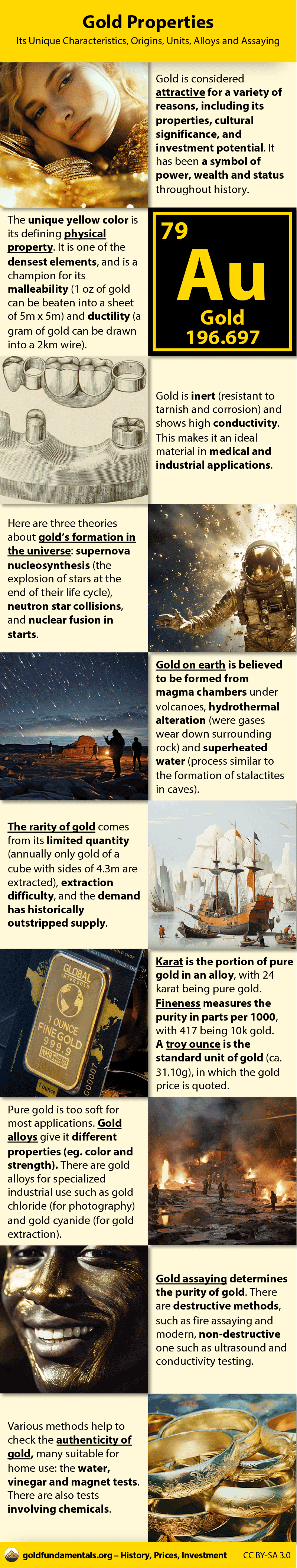 Infographic about Gold properites to its origins, alloys and assaying.