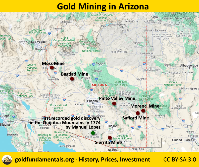 Map of gold mining in Arizona: location of first gold discovery in the Quijotoa Mountains in 1774 by Manuel Lopez and the gold producing mines in the states of which only the Moss Mine is a primary gold mine. The others are copper mines with gold as a byproduct.